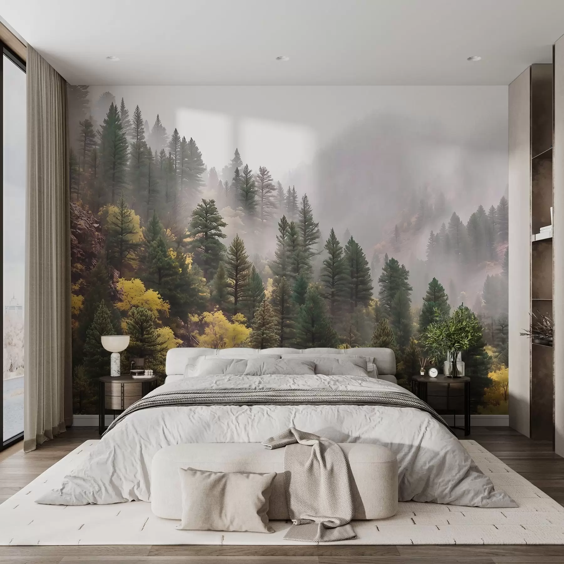 Fotobehang Sfeervol mistig dennenbos in de bergen w09463