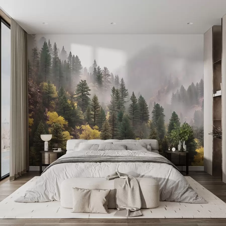 Fotobehang Sfeervol mistig dennenbos in de bergen w09463 kopen - Uwalls.nl Fotobehang Sfeervol mistig dennenbos in de bergen w09463