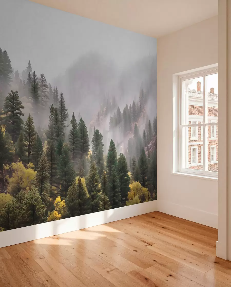 Fotobehang Sfeervol mistig dennenbos in de bergen w09463