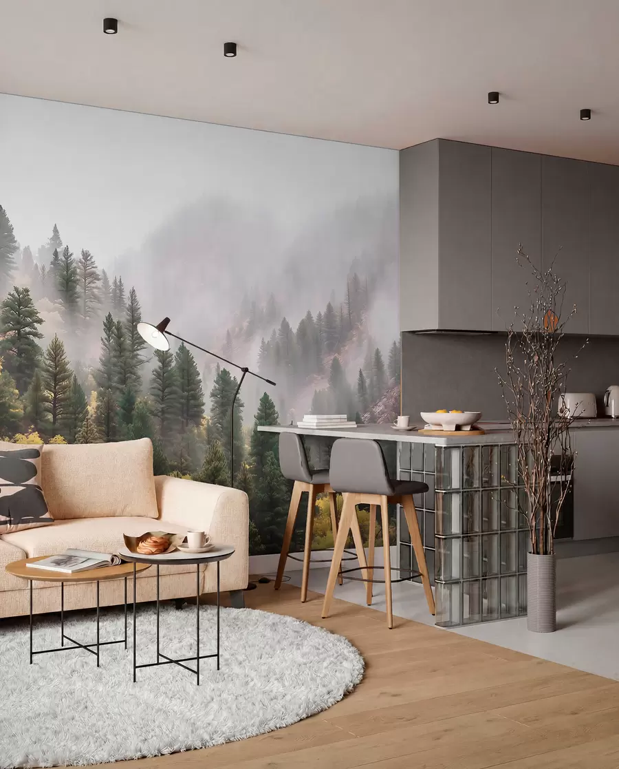 Fotobehang Sfeervol mistig dennenbos in de bergen w09463