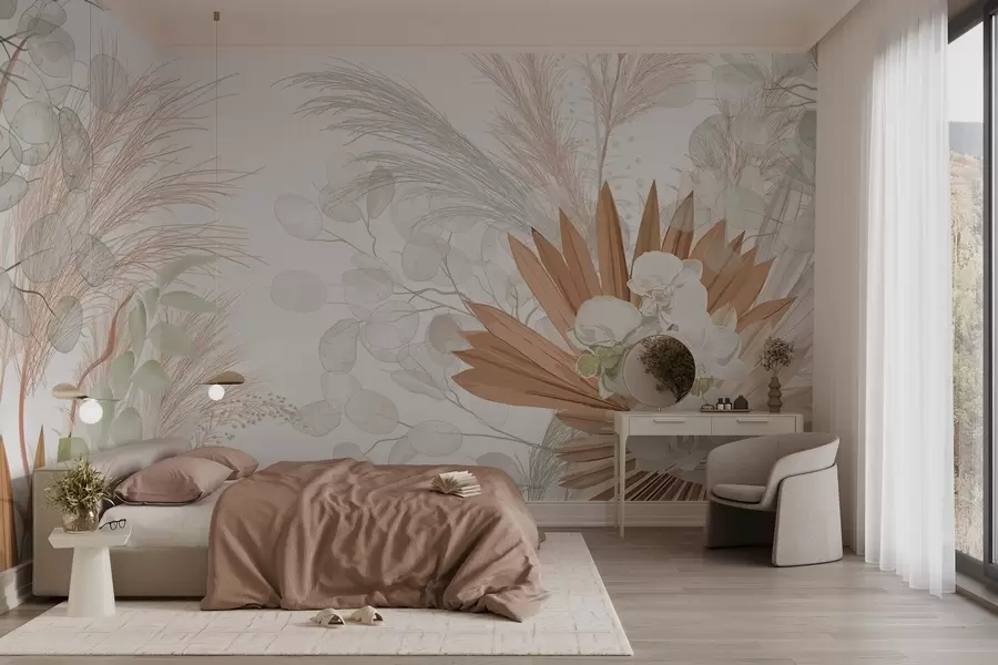 Fotobehang Pampagras, eucalyptus, tropische bladeren en orchideeën op een witte achtergrond, pastelkleuren w09366