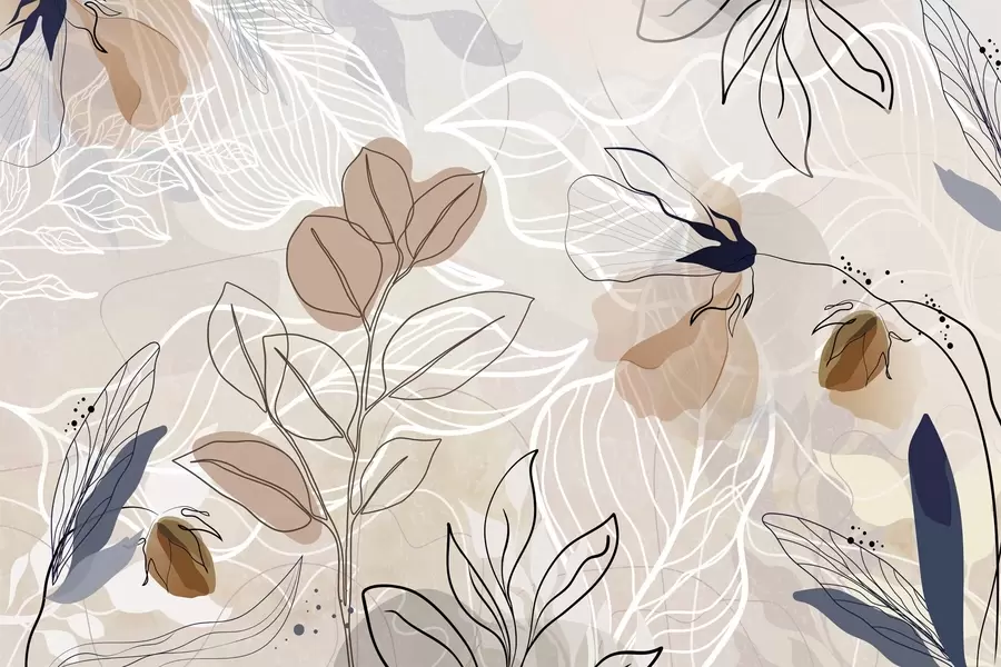 Fotobehang Beige abstracte achtergrond met bladeren en bloemen lijntekeningen, modern, minimalistisch, organische vormen, botanische print  w09487