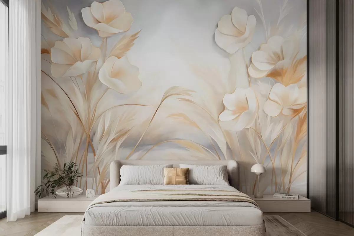 Fotobehang Witte bloemen, beige riet en pampagras, gestructureerd, elegant, minimalistische stijl, abstracte landschapsachtergrond w09490 kopen - Uwalls.nl Fotobehang Witte bloemen, beige riet en pampagras, gestructureerd, elegant, minimalistische stijl, abstracte landschapsachtergrond w09490