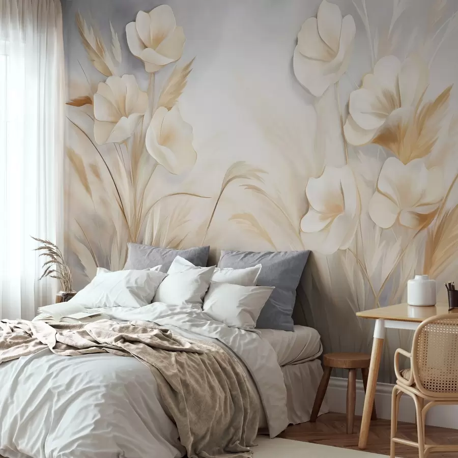 Fotobehang Witte bloemen, beige riet en pampagras, gestructureerd, elegant, minimalistische stijl, abstracte landschapsachtergrond w09490 kopen - Uwalls.nl Fotobehang Witte bloemen, beige riet en pampagras, gestructureerd, elegant, minimalistische stijl, abstracte landschapsachtergrond w09490