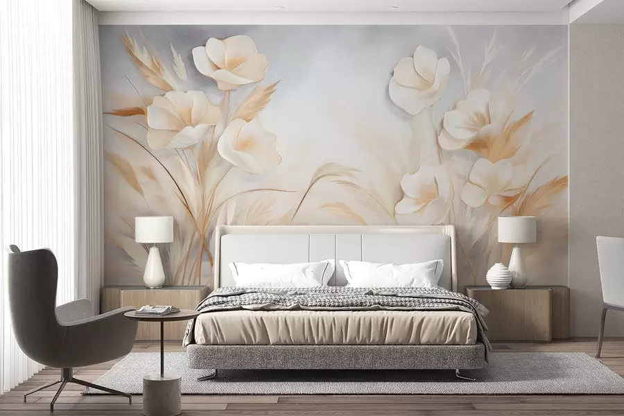 Fotobehang Witte bloemen, beige riet en pampagras, gestructureerd, elegant, minimalistische stijl, abstracte landschapsachtergrond w09490