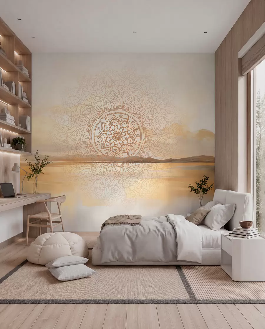 Fotobehang Gestructureerd symmetrisch mandala-ontwerp over een landschap met zee, heuvels en lucht, zachte pastelkleuren w09491
