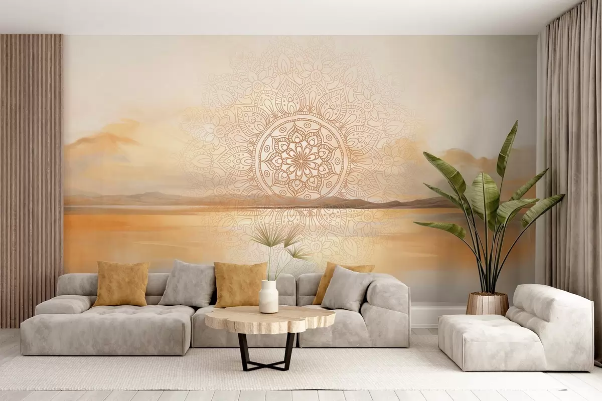 Fotobehang Gestructureerd symmetrisch mandala-ontwerp over een landschap met zee, heuvels en lucht, zachte pastelkleuren w09491 kopen - Uwalls.nl Fotobehang Gestructureerd symmetrisch mandala-ontwerp over een landschap met zee, heuvels en lucht, zachte pastelkleuren w09491