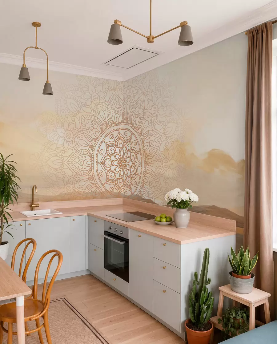 Fotobehang Gestructureerd symmetrisch mandala-ontwerp over een landschap met zee, heuvels en lucht, zachte pastelkleuren w09491