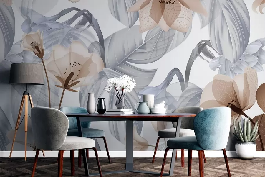 Fotobehang Bruine bloemen en grijze bladeren, botanische bloemenachtergrond, elegant ontwerp, zachte kleuren, lichte delicate details w09497v1