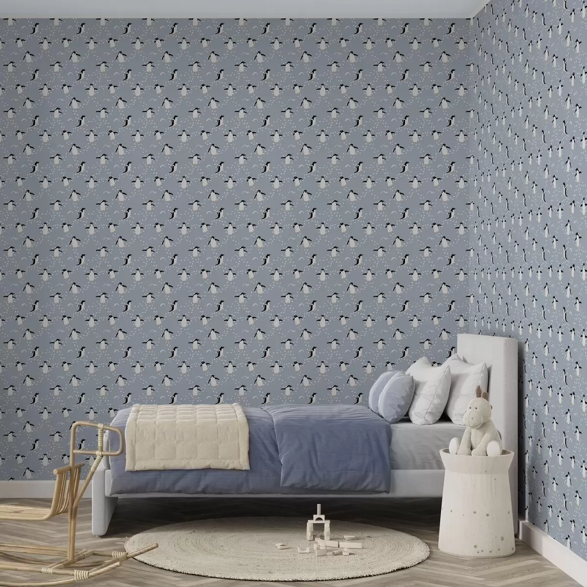 Behang Pinguïns op grijsblauw met voetafdrukken a00655