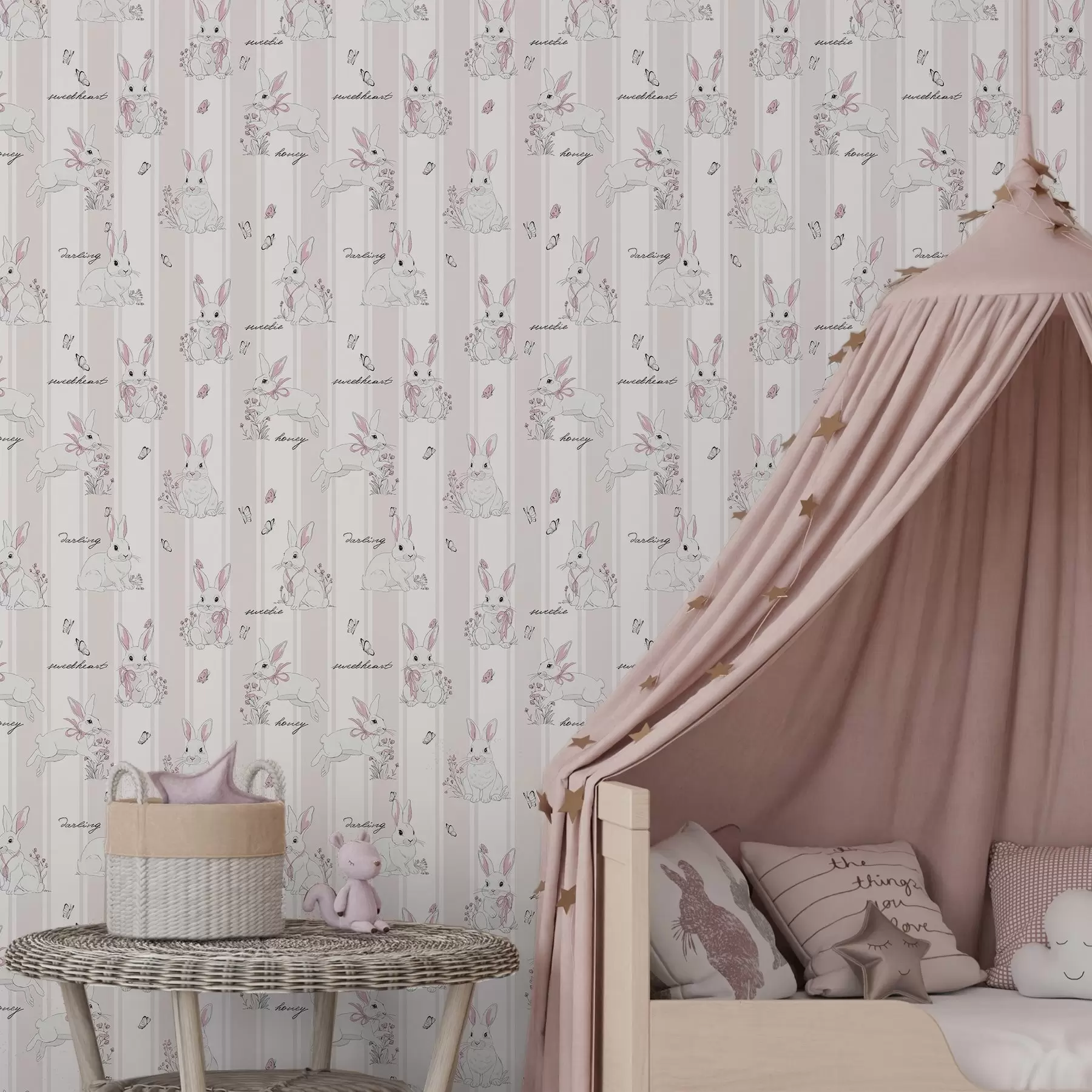 Fotobehang Konijntjes met strikken, roze strepen en kleine letters a00657