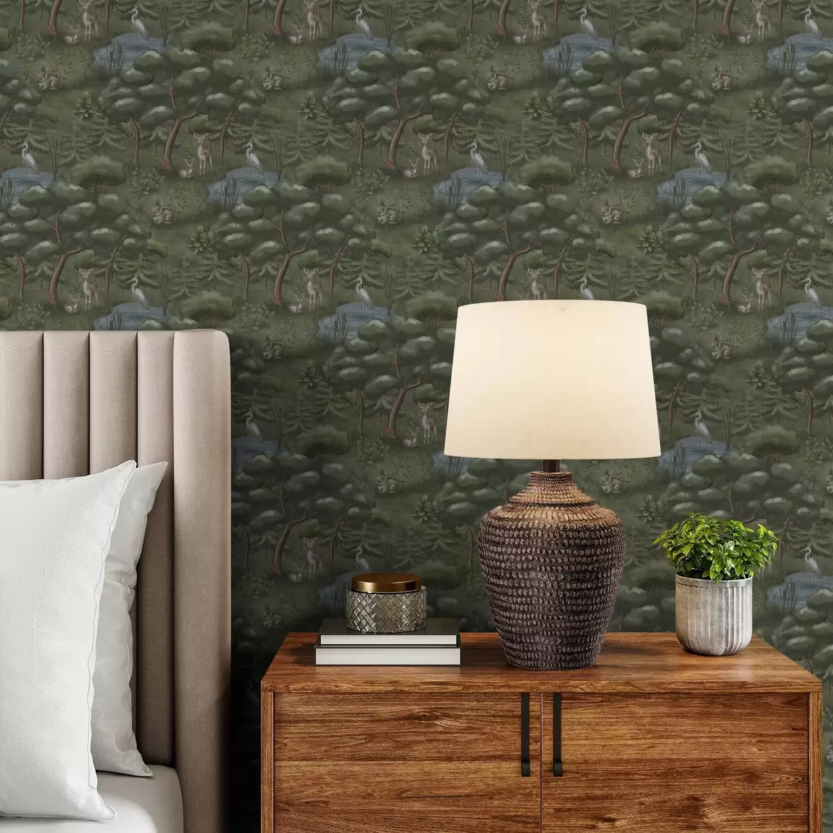 Behang Bosglade met reeën, konijnen en reigers a00680