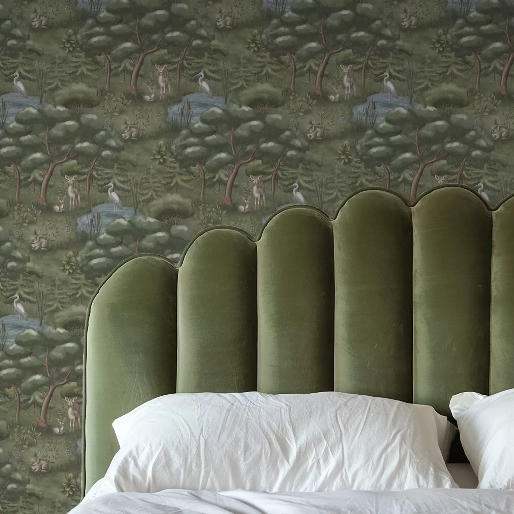 Fotobehang Bosglade met reeën, konijnen en reigers a00680