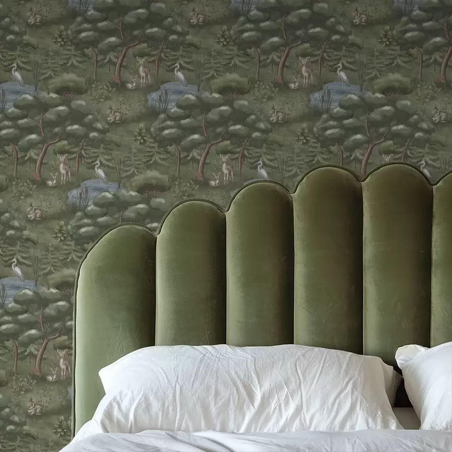 Fotobehang Bosglade met reeën, konijnen en reigers a00680