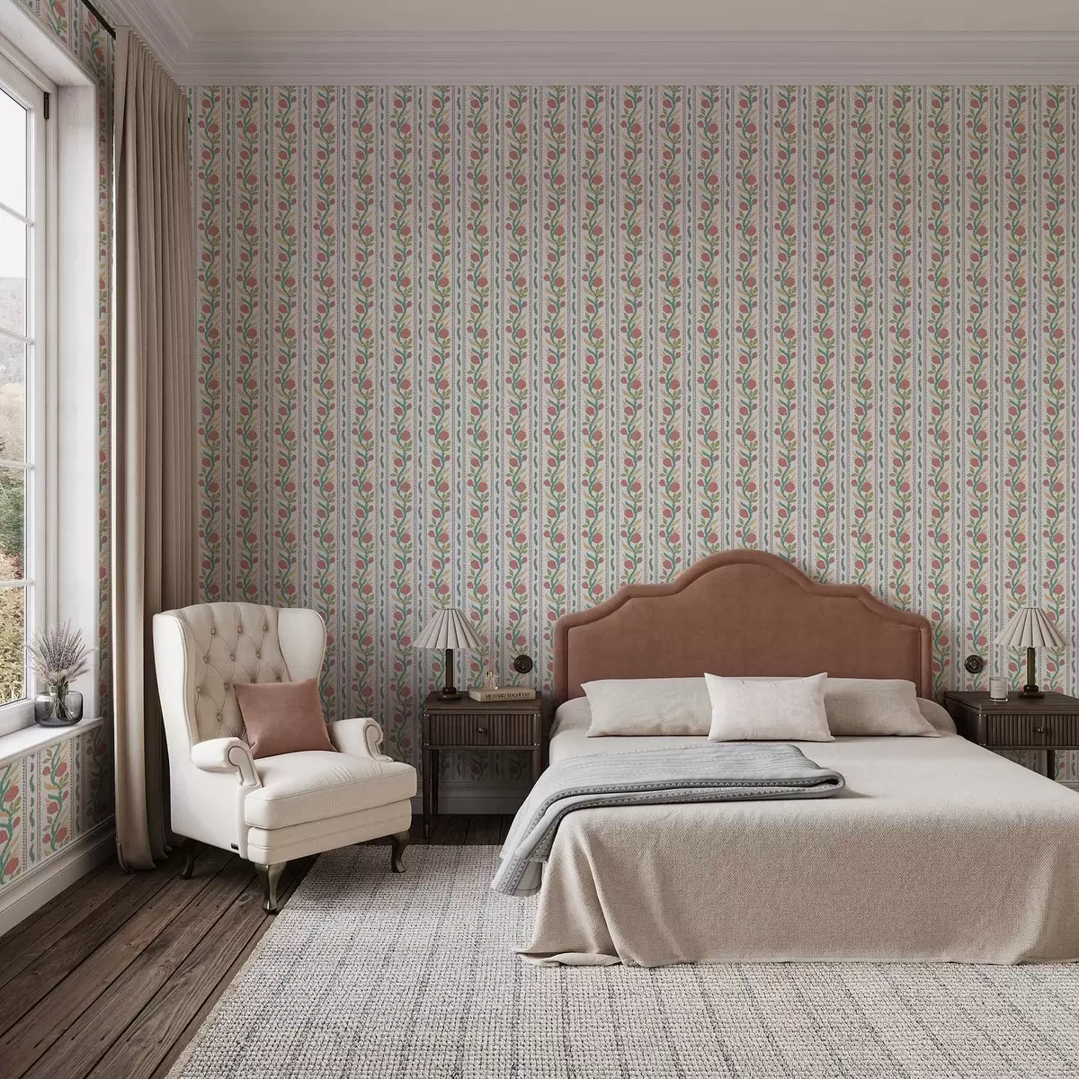 Behang Verticale strepen met koraalkleurige bloemen en turquoise bladeren a00816