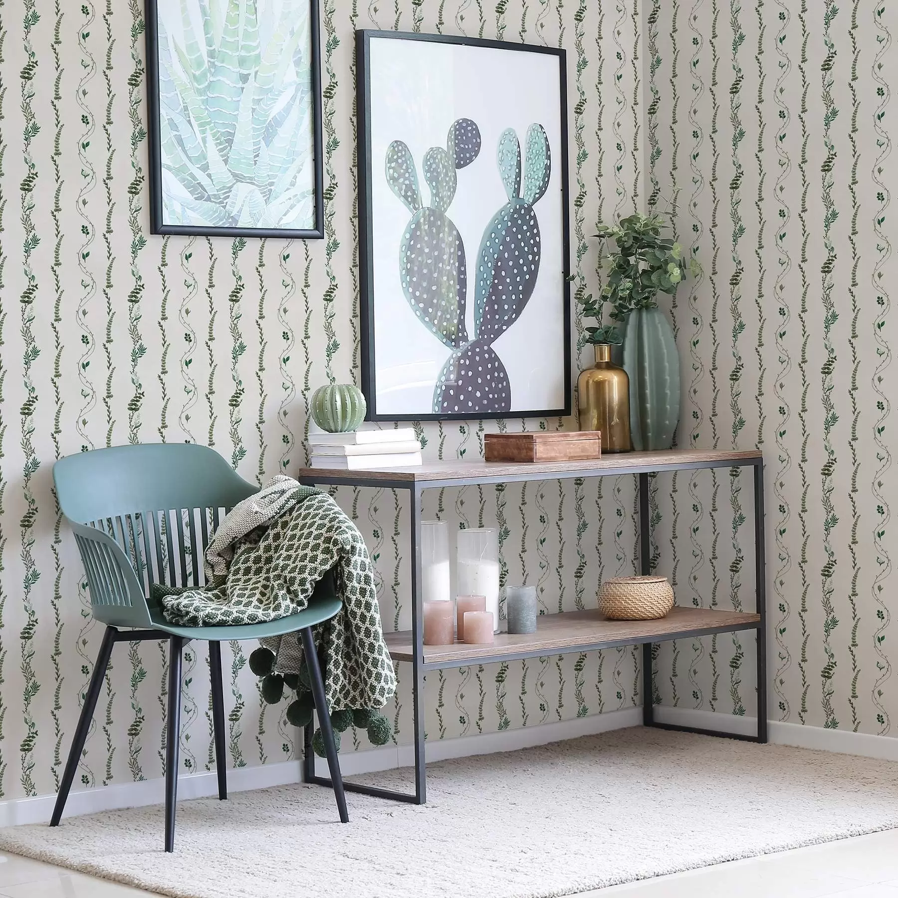 Fotobehang Dunne verticale eucalyptuslianen op beige achtergrond a00817