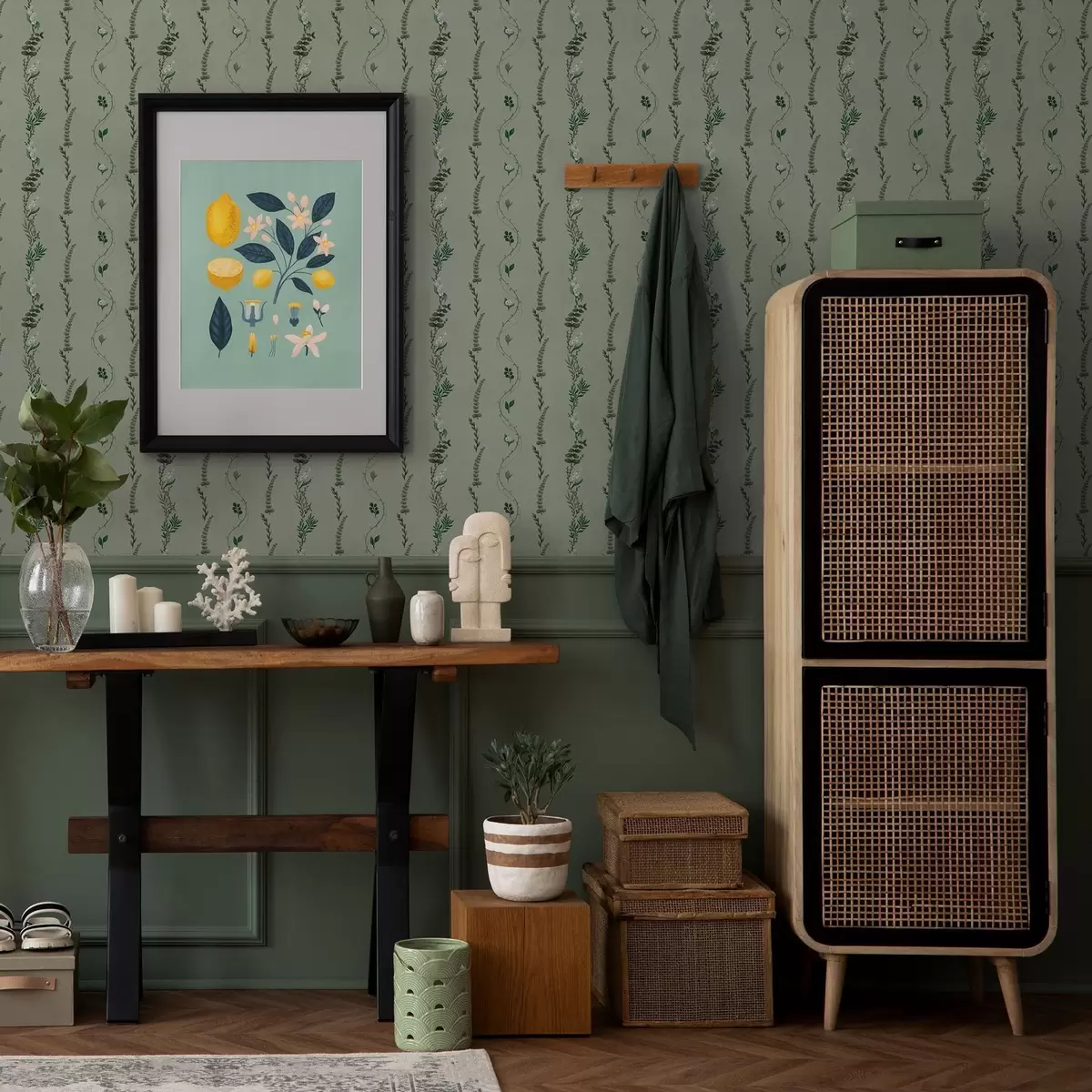 Behang Verticale ranken en takjes op gedempt groen a00817v1 Behang Verticale ranken en takjes op gedempt groen a00817v1