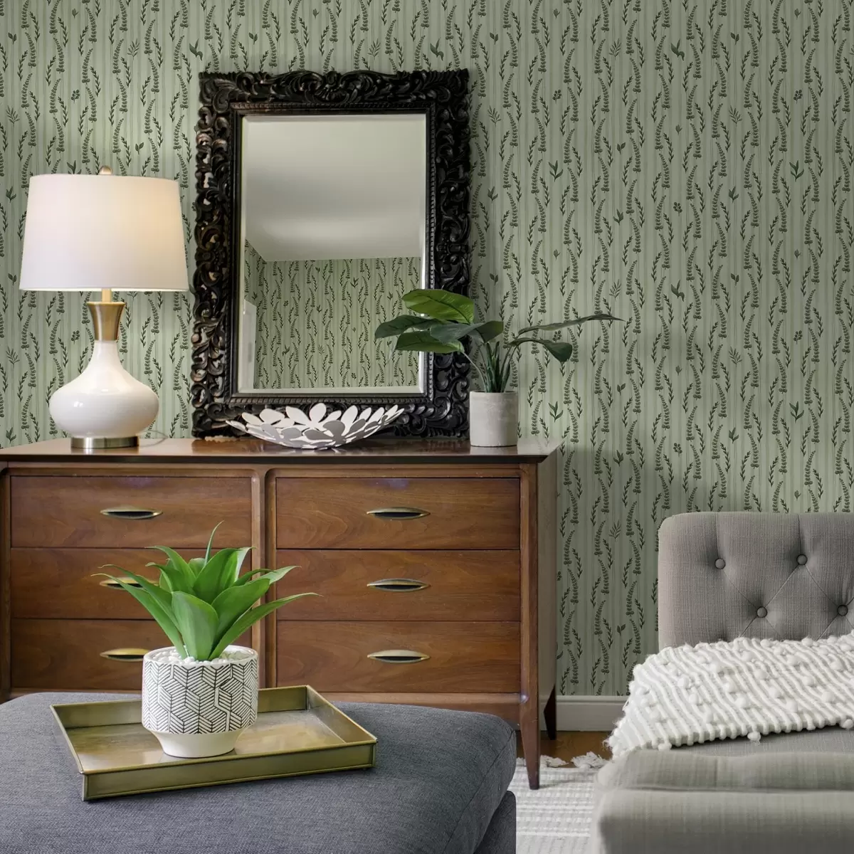 Behang Dichtbegroeid groen gras en scheuten op munt met strepen a00819 Behang Dichtbegroeid groen gras en scheuten op munt met strepen a00819