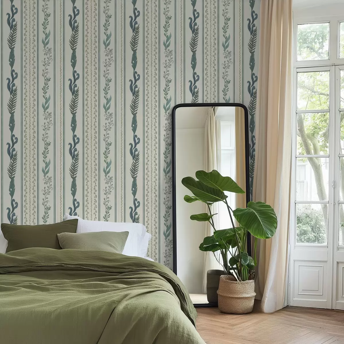 Behang Strepen met takken en krullen op een warme melkachtige achtergrond a00823v2