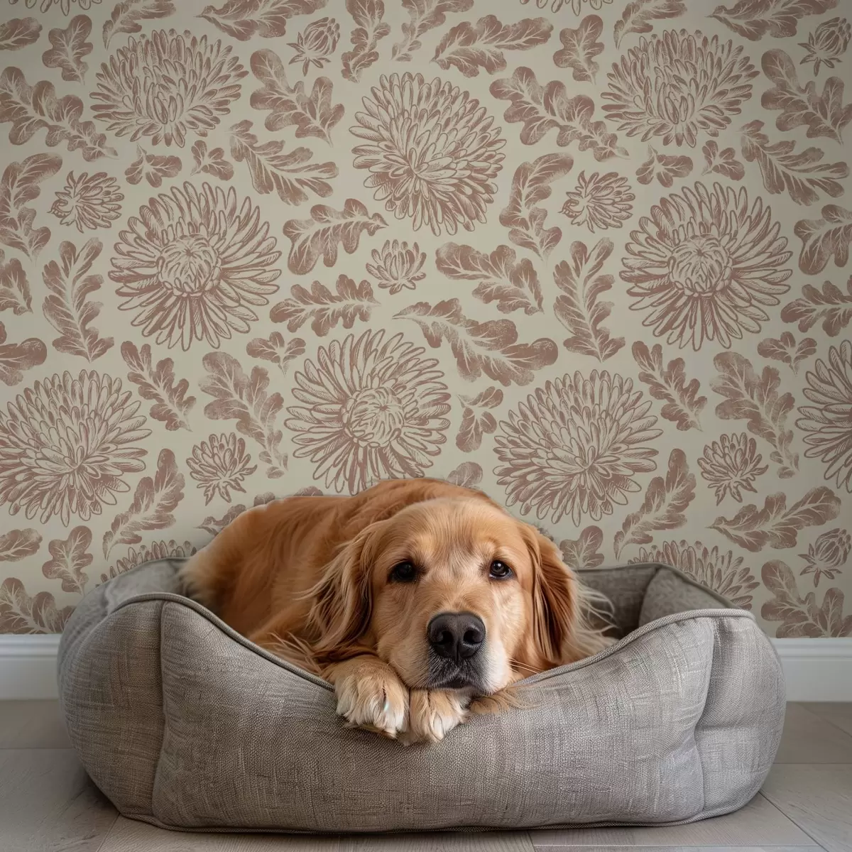 Behang Chrysanten en eikenbladeren in zacht beige-bruin a00840 Behang Chrysanten en eikenbladeren in zacht beige-bruin a00840