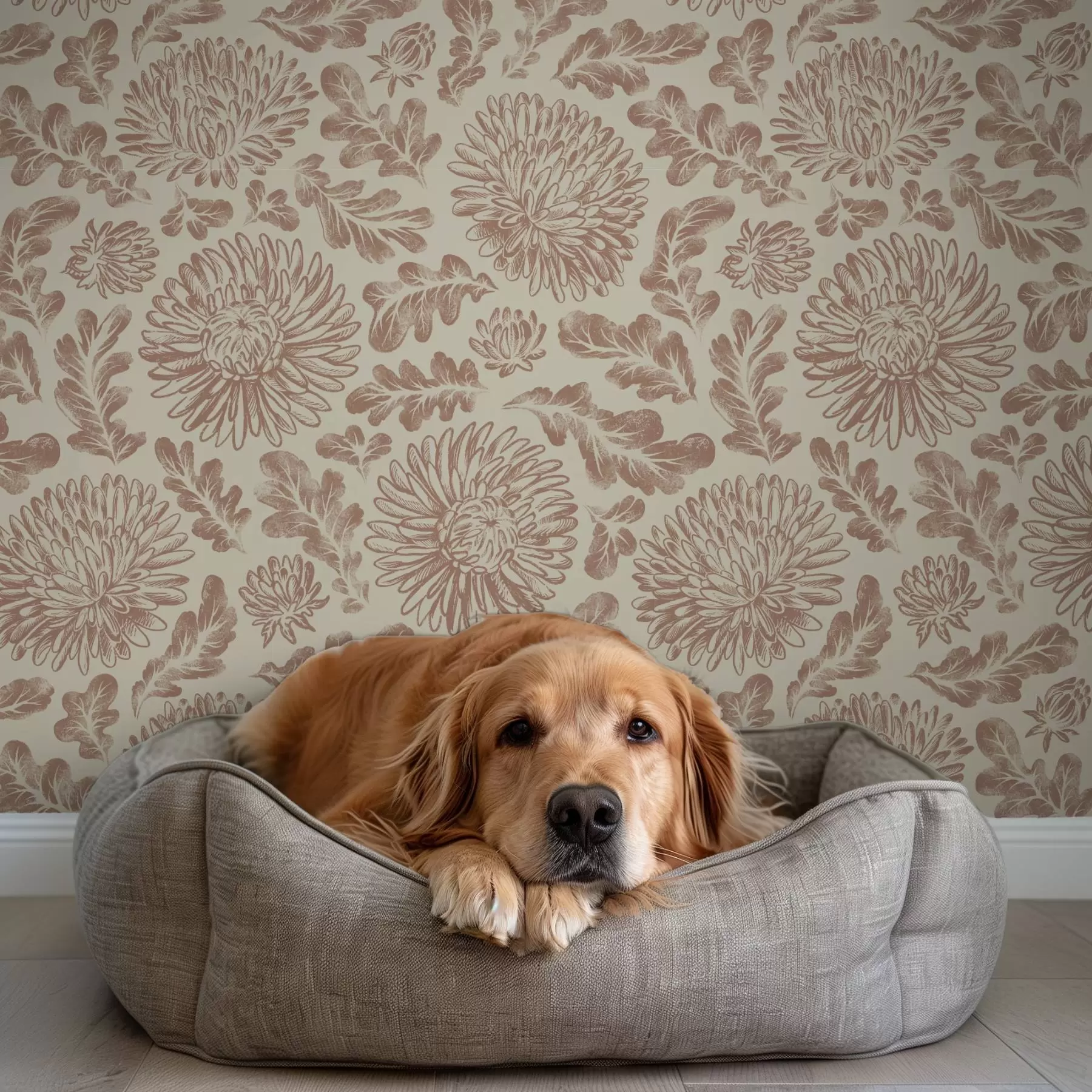 Fotobehang Chrysanten en eikenbladeren in zacht beige-bruin a00840