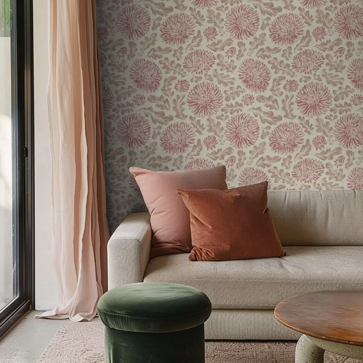 Behang Chrysanten met wijnaccenten op crème a00840v1