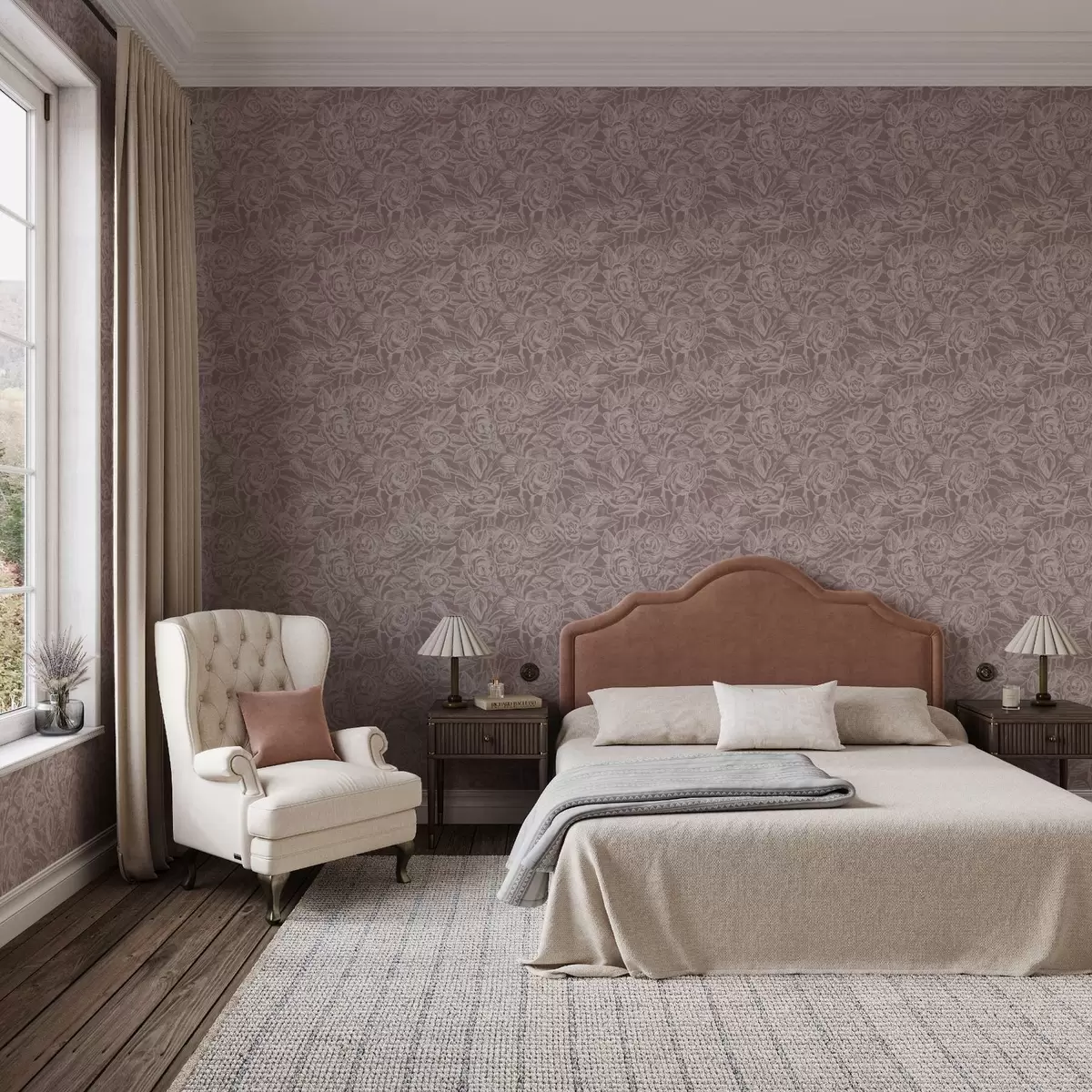 Behang Gegraveerde rozen op diep grijsbruin a00841