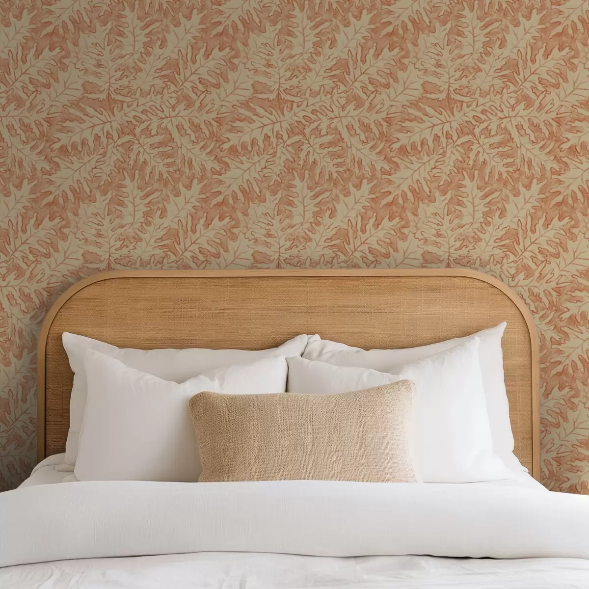 Behang Grote eikenbladeren in terracotta op crème a00846