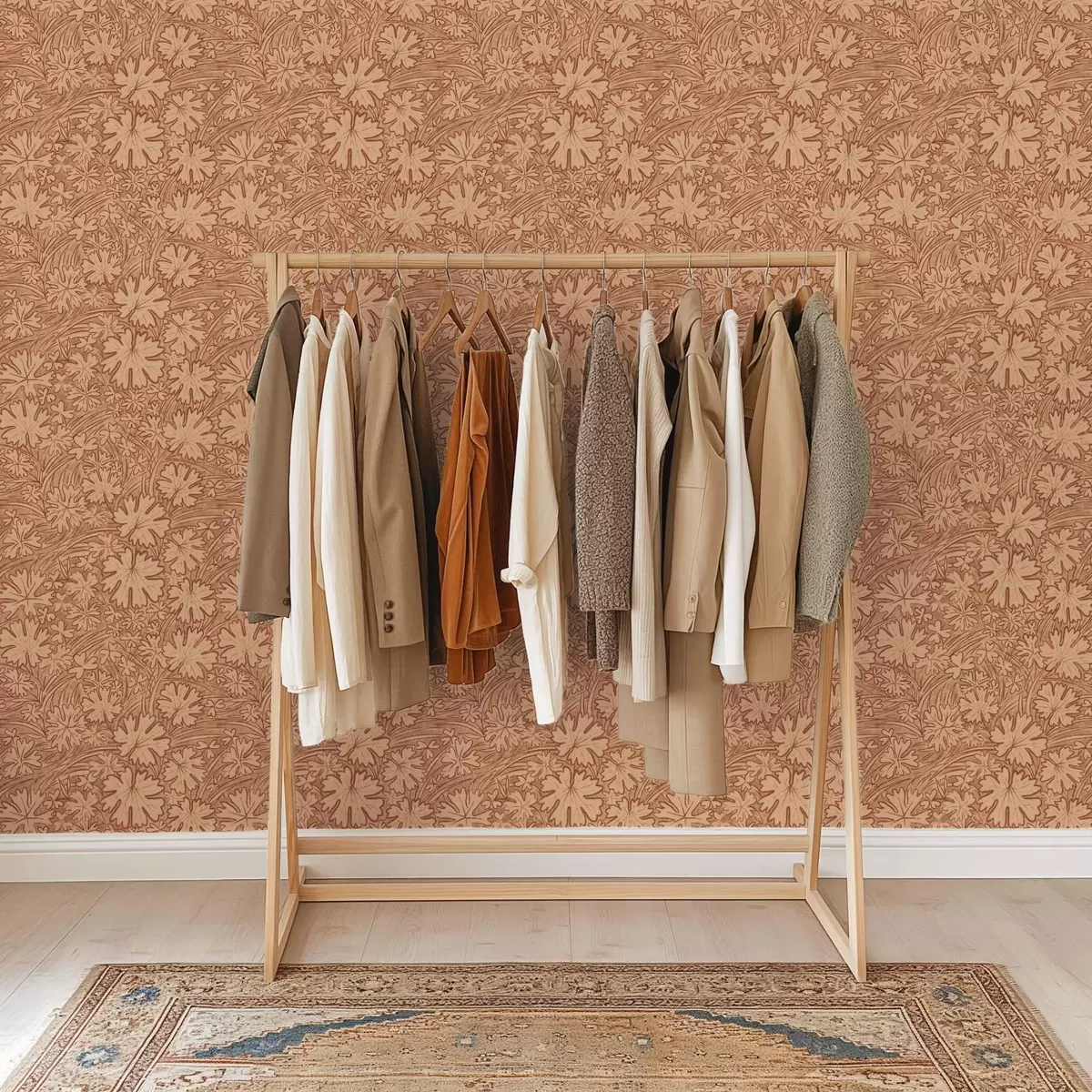 Behang Veldbladeren en grassen in een terracotta-beige kleurenpalet a00847