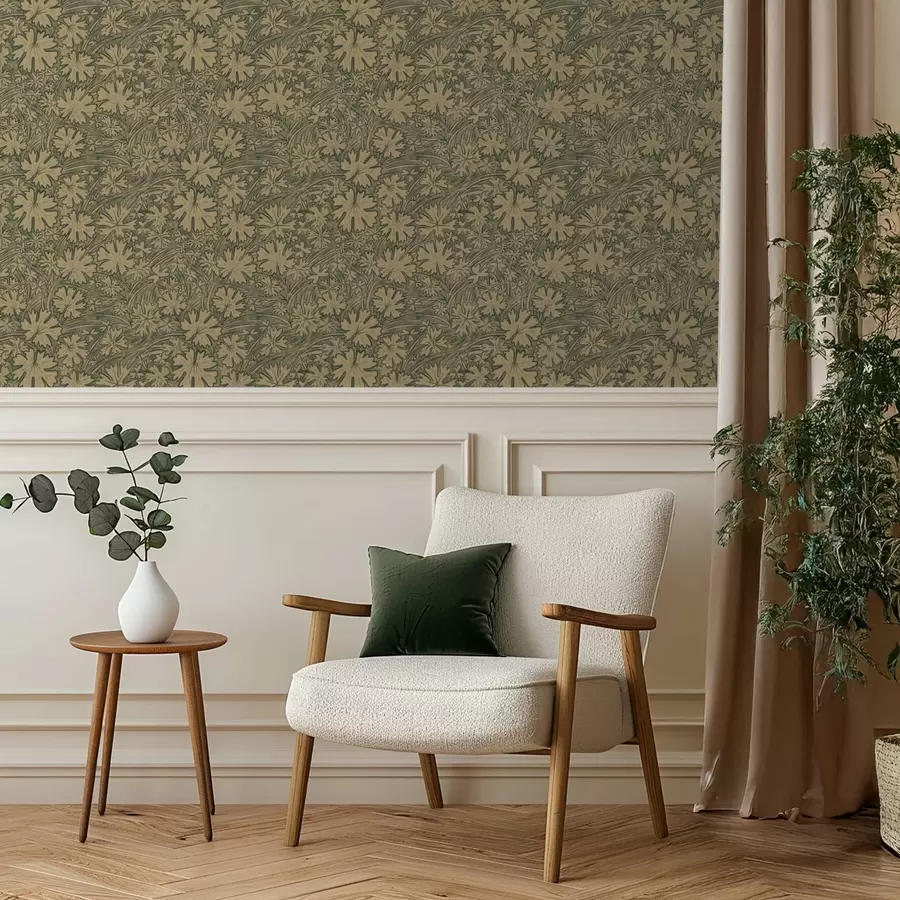 Fotobehang Veldbladeren en grassen in grijs-olijfkleurige tinten a00847v1