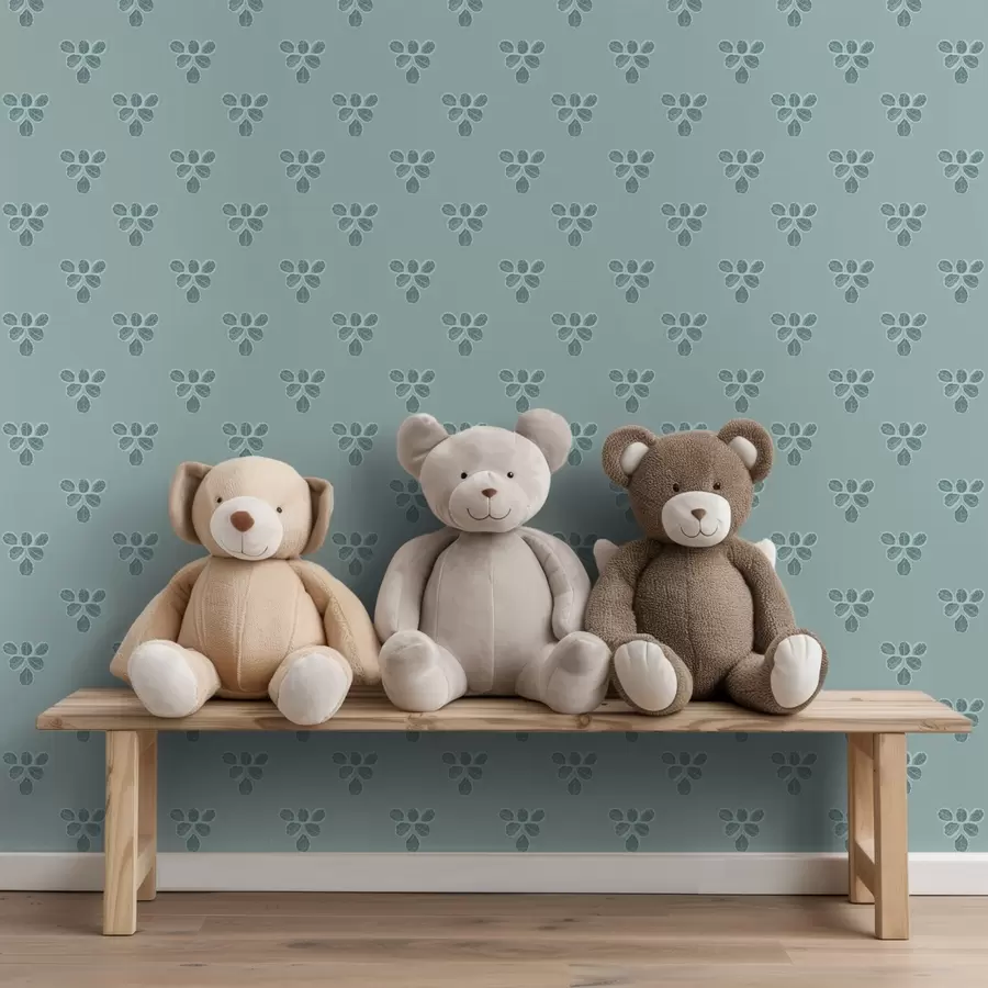 Fotobehang Kleine herhaling: trio's van bladeren op koel blauw a00848v1