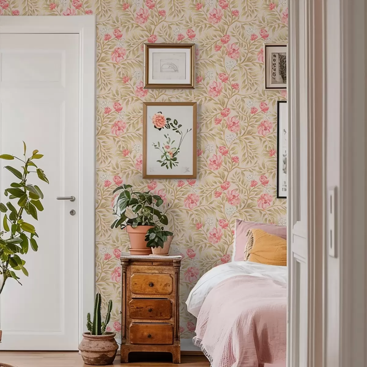 Behang Roze bloemen, witte bloesem en okerkleurig blad a00855 Behang Roze bloemen, witte bloesem en okerkleurig blad a00855