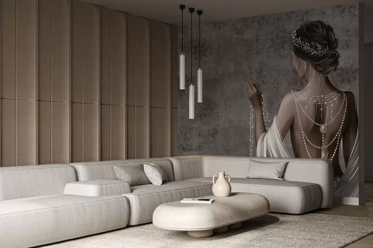 Fotobehang Vrouw gezien van achteren met parels, grijze achtergrond met steenpatroon w04854 kopen - Uwalls.nl Fotobehang Vrouw gezien van achteren met parels, grijze achtergrond met steenpatroon w04854