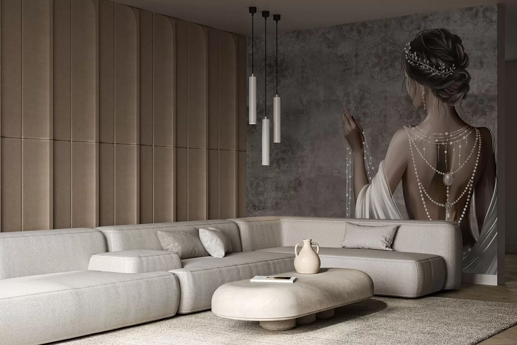 Fotobehang Vrouw gezien van achteren met parels, grijze achtergrond met steenpatroon w04854 kopen - Uwalls.nl Fotobehang Vrouw gezien van achteren met parels, grijze achtergrond met steenpatroon w04854