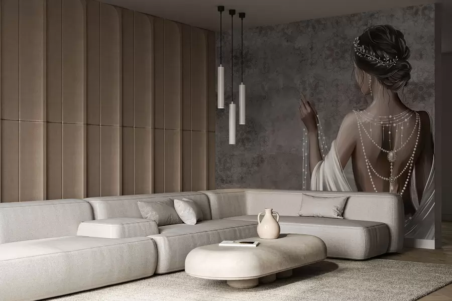 Fotobehang Vrouw gezien van achteren met parels, grijze achtergrond met steenpatroon w04854 kopen - Uwalls.nl Fotobehang Vrouw gezien van achteren met parels, grijze achtergrond met steenpatroon w04854