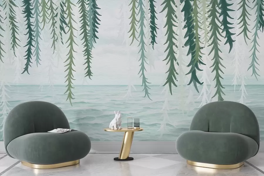 Fotobehang Delicate wijnstokken hangend boven water in aquarelstijl w04830