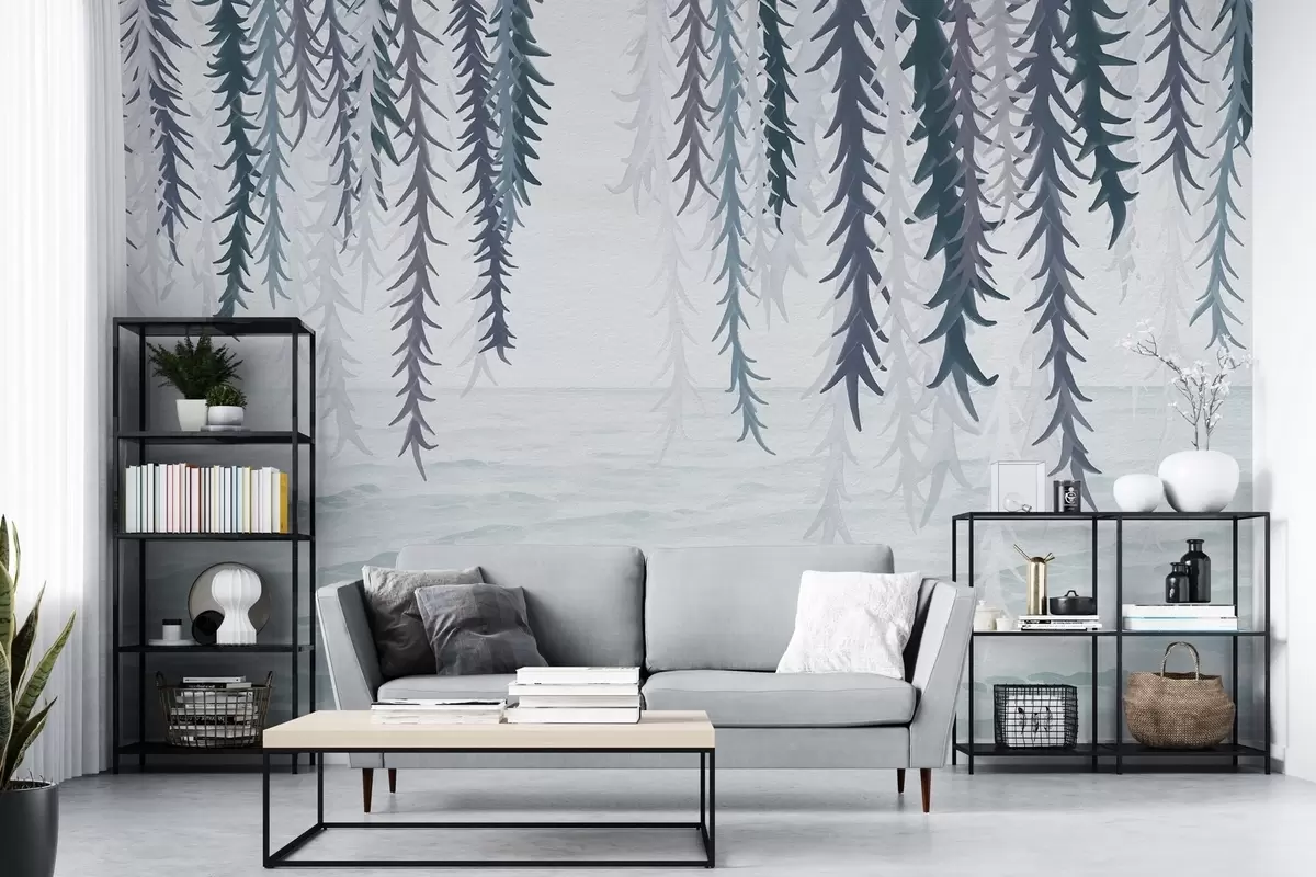 Fotobehang Delicate wijnstokken hangend boven water in aquarelstijl w04830v3