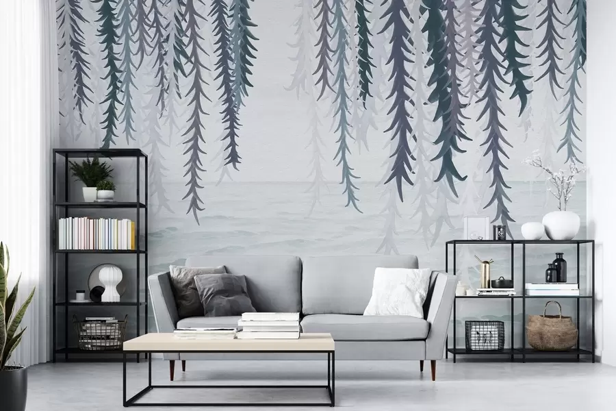 Fotobehang Delicate wijnstokken hangend boven water in aquarelstijl w04830v3