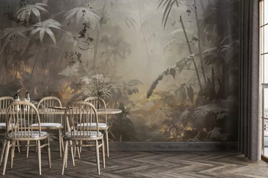 Fotobehang Geschilderde jungle achter een grunge betonnen muur w04833