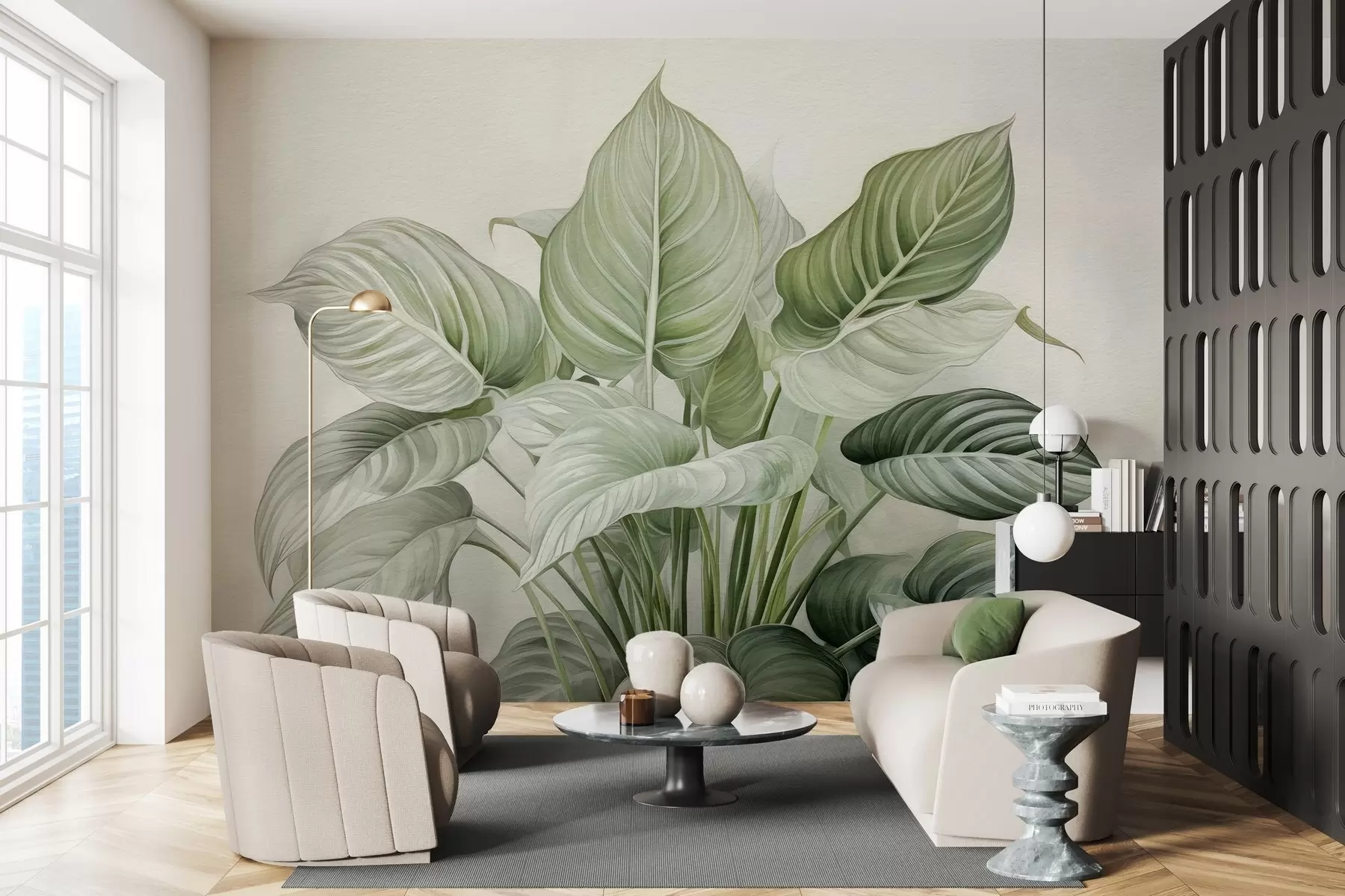 Fotobehang Weelderige struik met groene bladeren aan de muur w04835