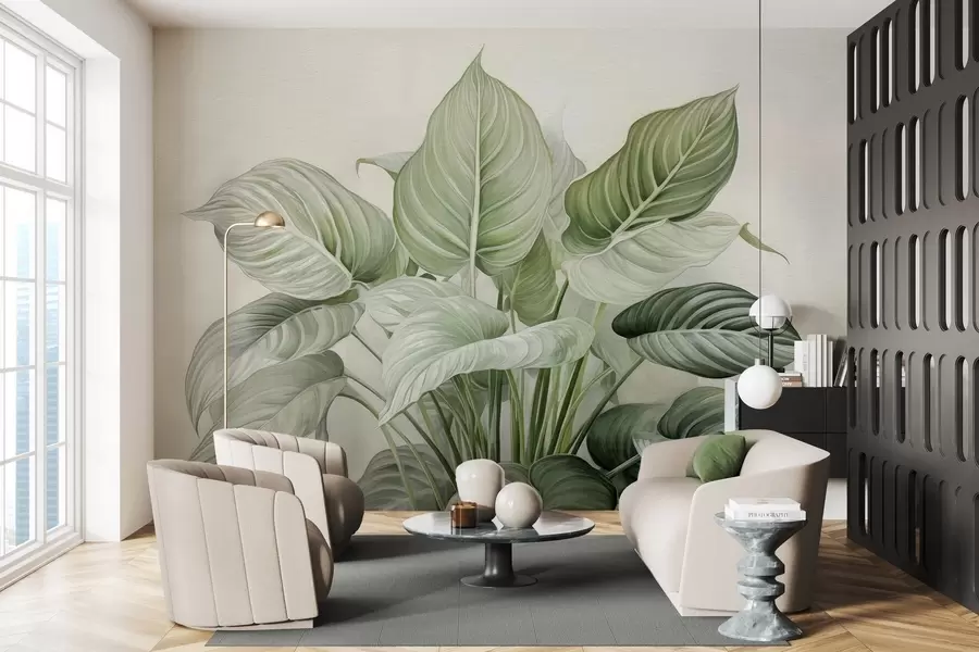 Fotobehang Weelderige struik met groene bladeren aan de muur w04835