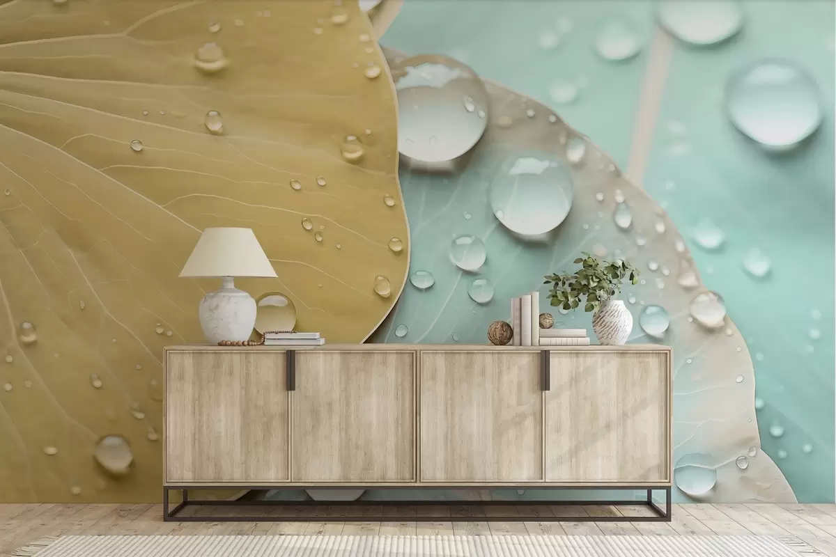 Fotobehang Waterdruppels op bladeren macro aquarel w04838v1 kopen - Uwalls.nl Fotobehang Waterdruppels op bladeren macro aquarel w04838v1