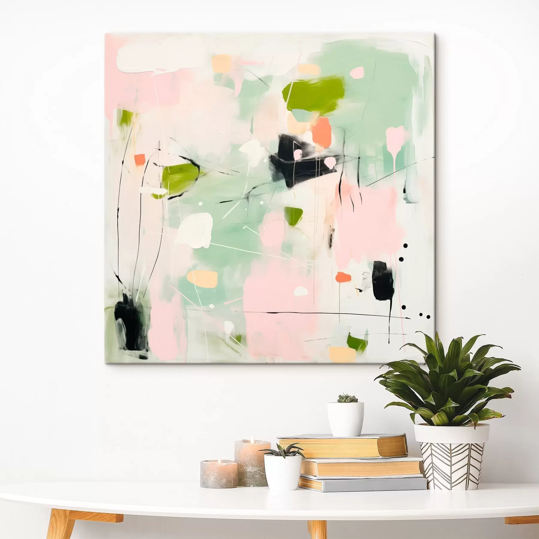  Schilderijen Roze en mintgroen, pastelkleurige penseelstreken s46324