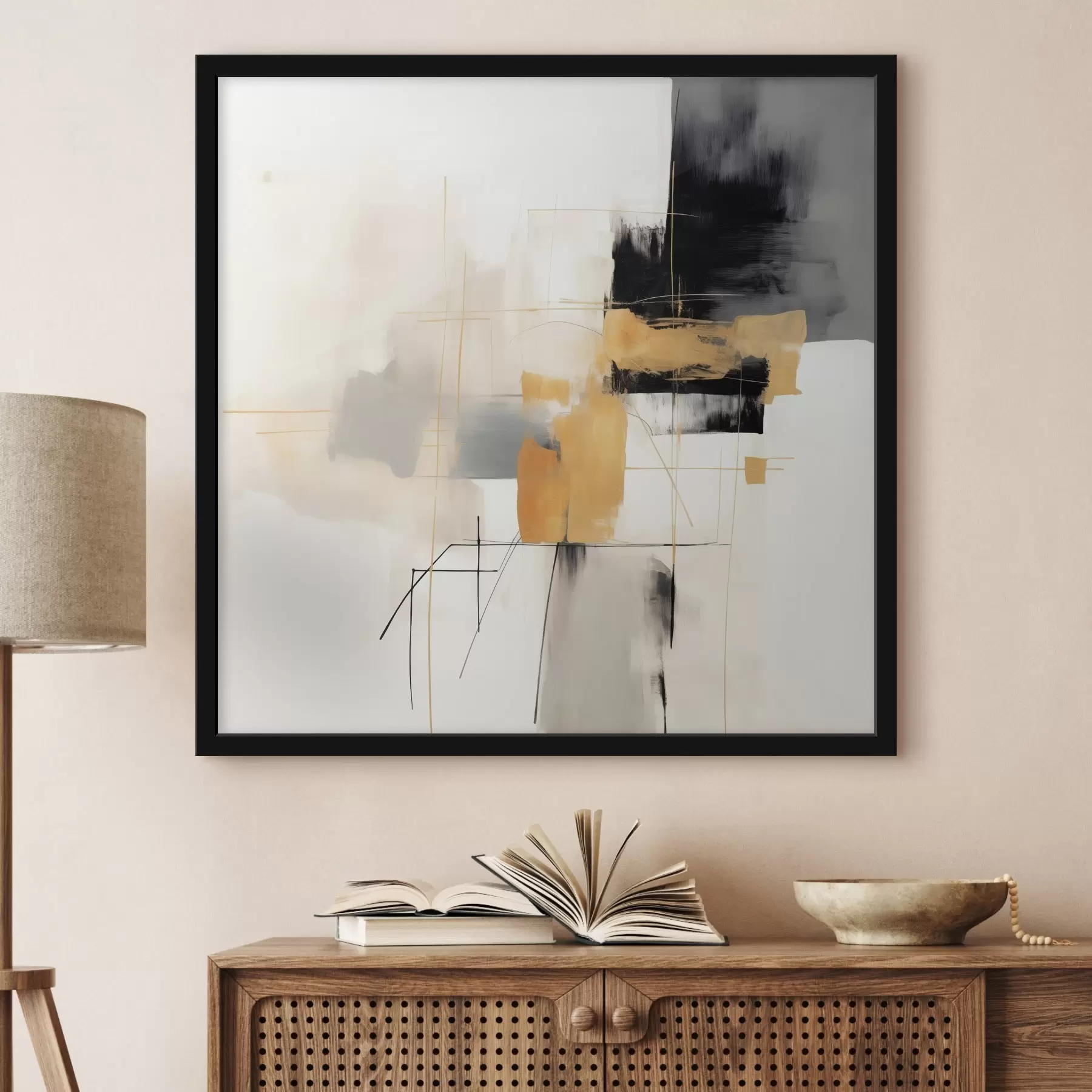 Fotobehang Moderne schilderkunst, beige, perzik en grafietaccenten f46323