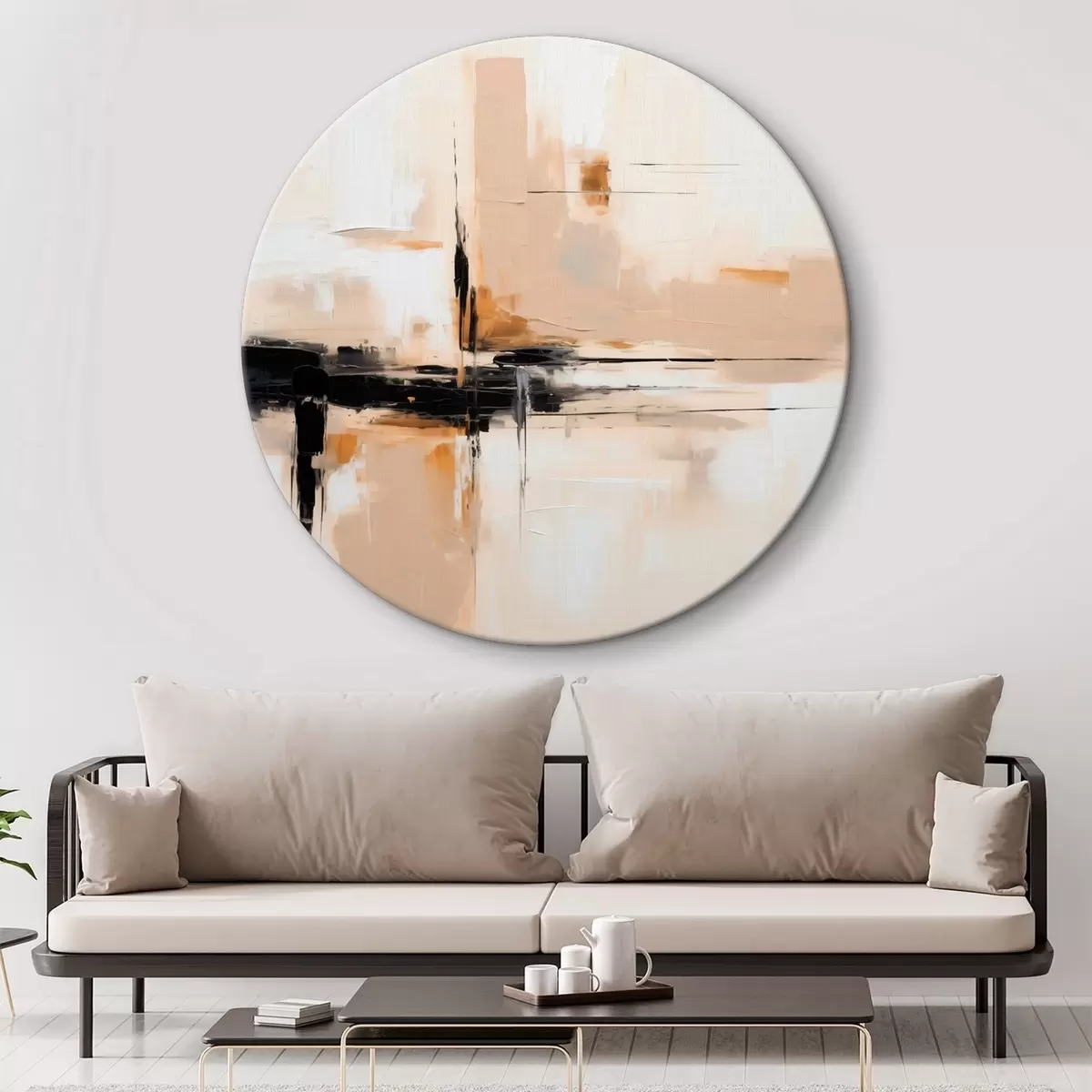 Ronde schilderijen Beige en zwart, verticale abstractie in minimalistische stijl r46326