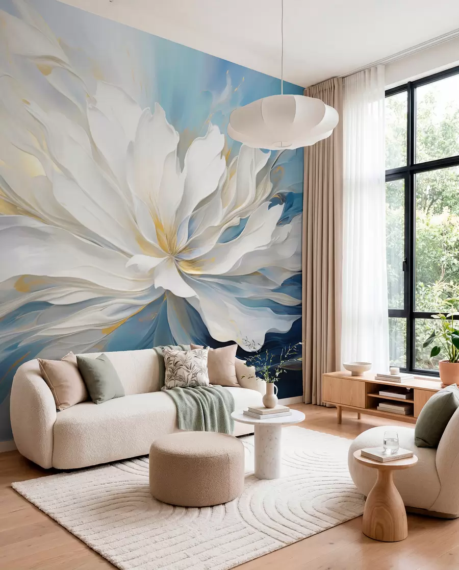 Fotobehang Witte pioen op oceaanblauw w09511