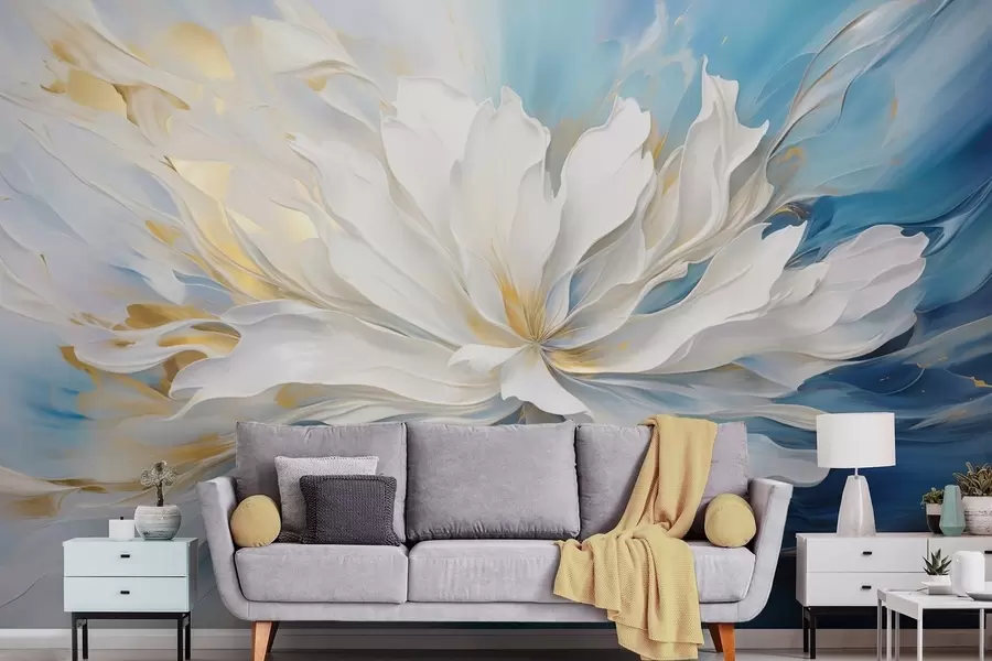 Fotobehang Grote witte pioenroos in olieverfstijl op een blauw-gele achtergrond w09511