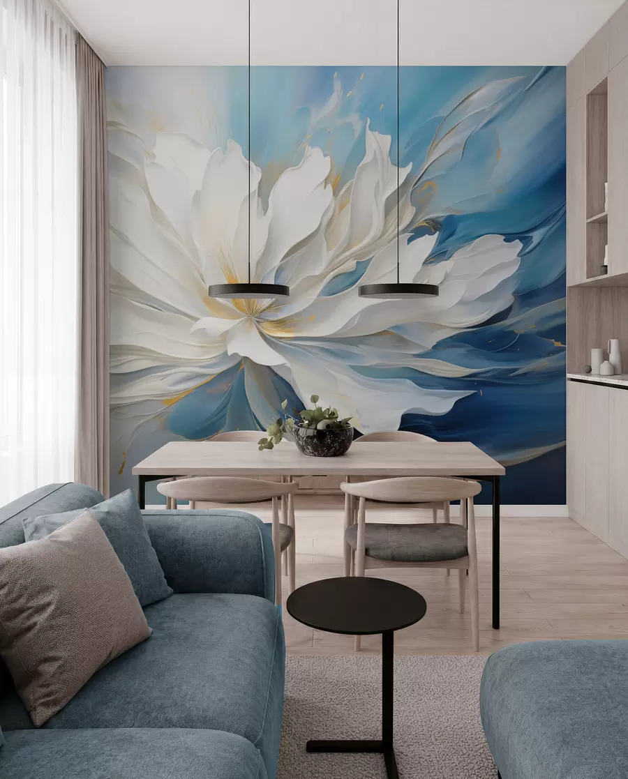 Fotobehang Grote witte pioenroos in olieverfstijl op een blauw-gele achtergrond w09511