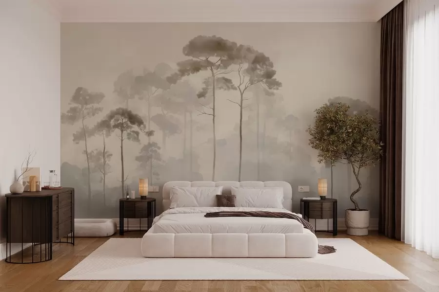 Fotobehang lichte silhouetten van dennenbomen in aquarelstijl w04634