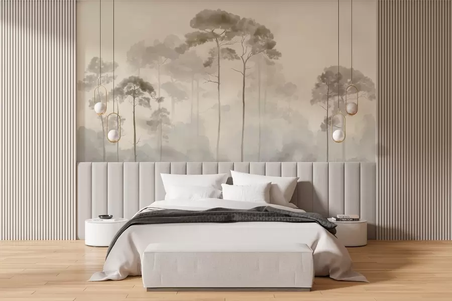 Fotobehang lichte silhouetten van dennenbomen in aquarelstijl w04634